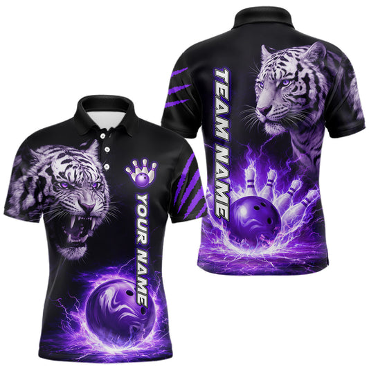 Maxcorners Purple Flames Tiger Custom Men Bowling Polo & Quarter-Zip Shirts Flame Bowling Team Jerseys LM1104