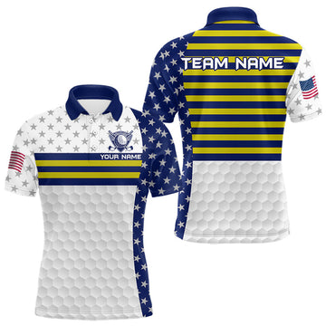 Maxcorners American Flag Mens Golf Polo Shirt Custom Yellow And Blue Patriotic Golf Team Shirt Golf Tops