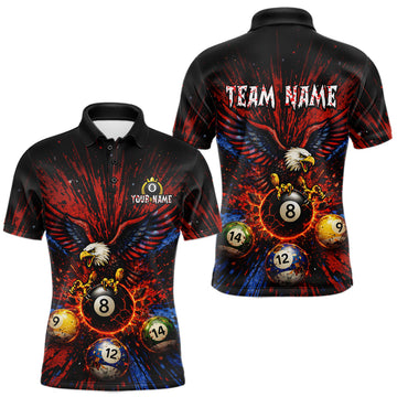 Maxcorners Custom Grunge Paint Blue & Red Eagle Pool 8 Ball Men's Billiard Team Shirt Billiard Attire