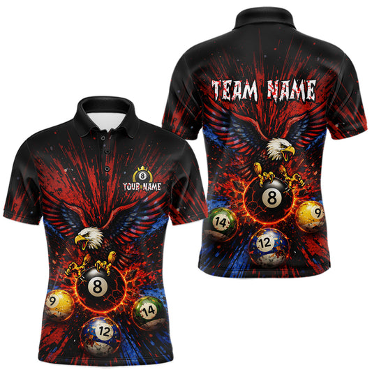 Maxcorners Custom Grunge Paint Blue & Red Eagle Pool 8 Ball Men's Billiard Team Shirt Billiard Attire
