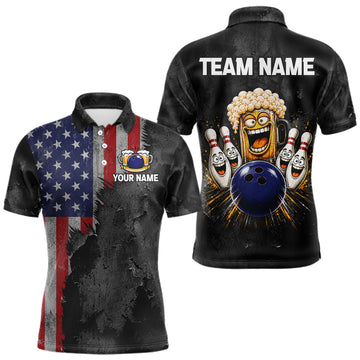 Maxcorners American Flag Grunge Patriotic Bowling Shirt For Men Custom Funny Beer Bowling Tournament Jersey, Team Jersey Polo & Quarter Zip LM2607