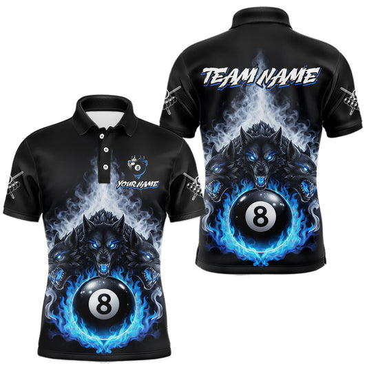 Maxcorners Custom Horror Wolfs Black Blue Smokes Pool 8 Ball Men's Billiard Team Shirt Billiard Attire