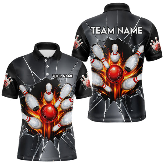 Maxcorners Grey Broken Glass Bowling Shirt For Men Custom Fire Flame Outfit Bowling Jersey | Red LM1705