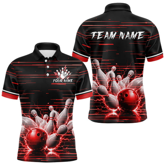 Maxcorners Red Horizontal Stripes Mens Bowling Shirt Personalized Thunder Lightning Team Bowling Jersey LM1705
