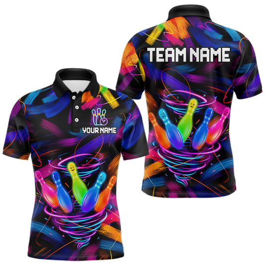 Maxcorners Mens Funny Neon Tornado Bowling Pins Shirts Custom Colorful Paint Team Jerseys, Bowling Gifts LM1406