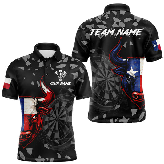 Maxcorners Texas Flag Bull & Dartboard Custom Grunge Men Darts Polo Shirt Patriotic Darts Team Jersey LM2602