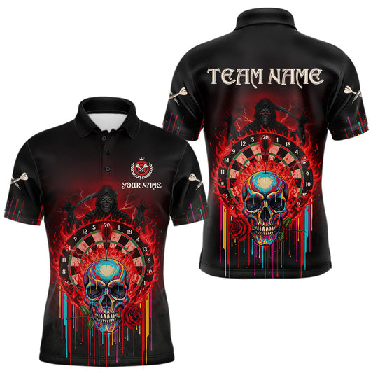 Maxcorners Custom Red Flames Grim Reaper Dartboard Men Darts Polo Shirt Rose Skulls Darts Jersey