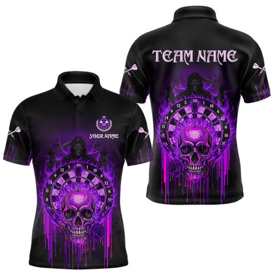Maxcorners Custom Purple Flames Grim Reaper Dartboard Men Darts Polo Shirt Rose Skulls Darts Jersey