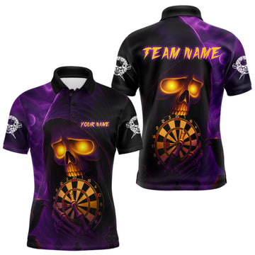 Maxcorners Custom Purple-Yellow Grim Heaper Halloween Men Dart Polo Shirt Dart Tournament Jersey