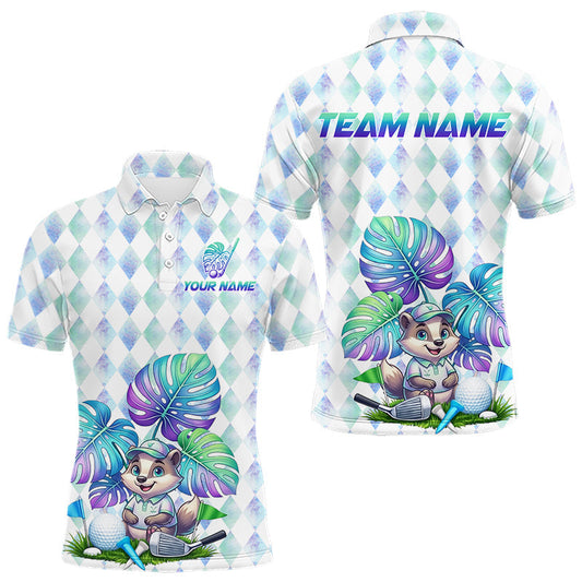 Maxcorners Funny Mens Golf Polo Shirt Holographic Argyle Monstera Golf Ball Personalized Raccoon Golf Shirts LM1904
