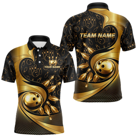 Maxcorners Black And Gold Strikes Bowling Ball & Pins Shirt For Men Custom Bowling Team Attire LM1705