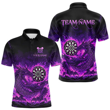 Maxcorners Purple Flaming Dragon Dartboard Men Polo Darts Shirt Custom Name & Team Dart Jersey