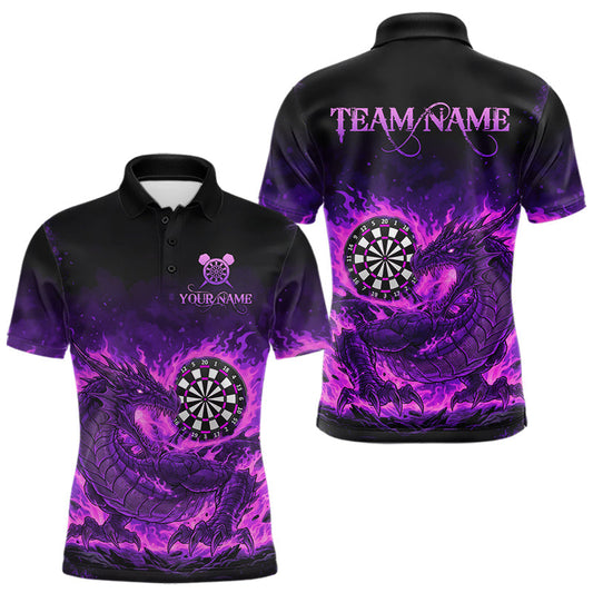 Maxcorners Purple Flaming Dragon Dartboard Men Polo Darts Shirt Custom Name & Team Dart Jersey