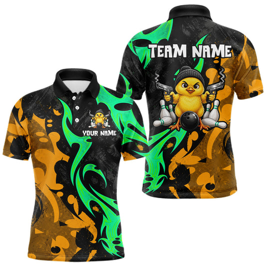 Maxcorners Funny Cute Duck Gun Men Bowling Shirt Custom Yellow & Green Grunge Bowling Team Attire