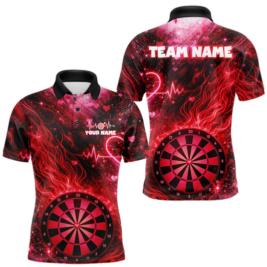 Maxcorners Heart Beat Red Grunge Flame Dartboard Men Darts Valentine Shirt Custom Dart Polo Couple Gifts LM2201