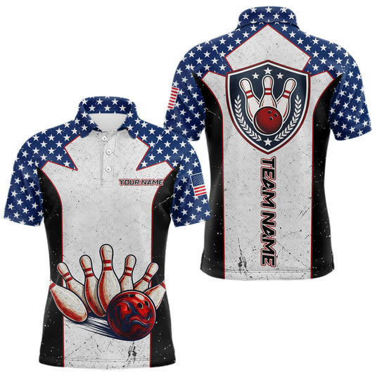 Maxcorners Grunge Patriotic Bowling Jerseys For Men Custom US Flag Bowling Polo 1/4-Zip Shirt, Gift For Bowlers LM2704