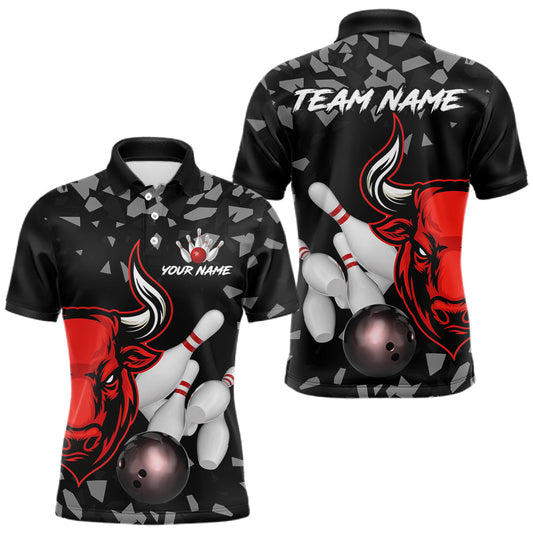 Maxcorners Funny Bull Grunge Red Bowling Polo & 1/4 Zip Shirts For Men Custom Outftis Team Bowling Jerseys LM2704