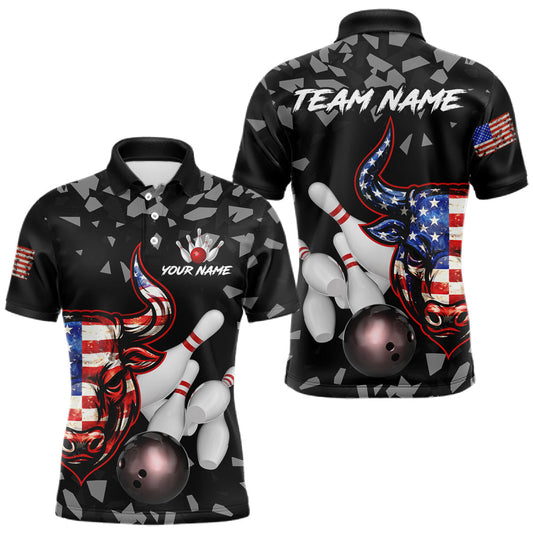 Maxcorners Funny US Flag Bull Grunge Bowling Polo & 1/4 Zip Shirts For Men Custom Team Bowling Jerseys LM2704