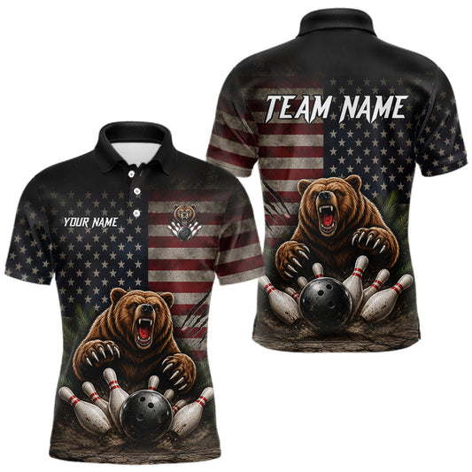 Maxcorners Funny Retro Bear Bowling Jersey For Men Custom American Flag Team Shirts Bowling League LM2306