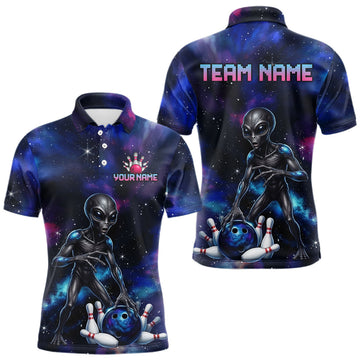 Maxcorners Personalized Men Bowling Polo Quarter-Zip Shirt Space Alien Bowling Custom Name Bowling Team Shirt LM2607