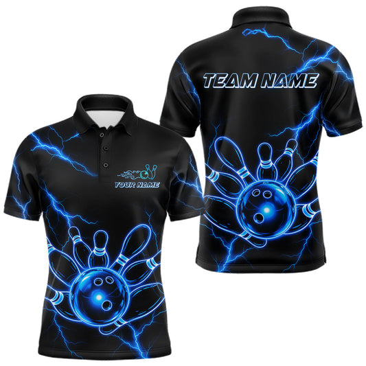 Maxcorners Blue Lightning Thunder Neon Bowling Polo Quarter Zip Shirt For Men Custom Bowling Team Jersey