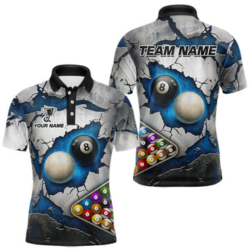 Maxcorners Blue And Grey Cracked 8 Ball Billiard Polo & 1/4 Zip Shirt For Men Custom Billiard Pool Team Shirt LM2603