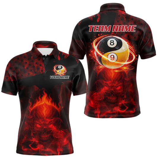 Maxcorners Red Flames Skull Yin & Yang Pool Billiard Shirt For Men Custom 8 Ball & 9 Ball Billiard Team Attire LM2602