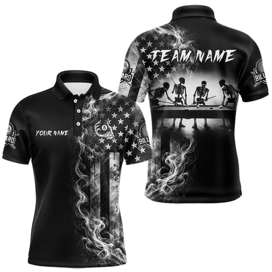 Maxcorners Grey Smokes American Flag 8 Ball Billiard Pool Shirt For Men Custom Billiard Skeleton Team Appeal