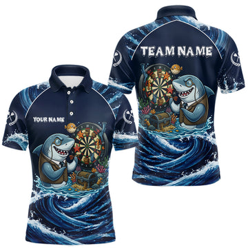 Maxcorners Blue Waving Funny Shark Play Darts Polo & 1/4-Zip Shirt For Men Custom Name Dart Jersey For Darters LM0404
