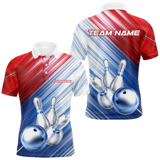 Maxcorners Red And Blue Strike Bowling Shirt For Men Custom Polo Quarter-Zip Bowling Team Jersey LM0607