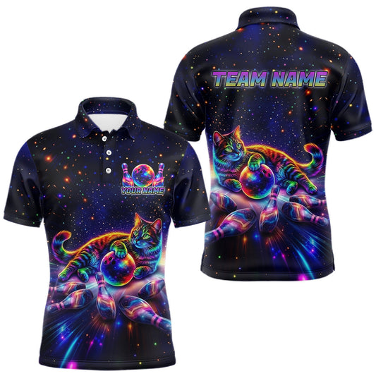 Maxcorners Funny Cat Bowling Polo Quarter-Zip Shirts For Men Custom Colorful Bowling Galaxy Team Jerseys