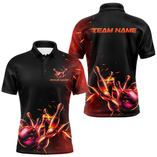 Maxcorners Custom Fire Flame Pins And Ball Bowling Shirts For Men, Red Flaming Team Bowling Tournament LM0607