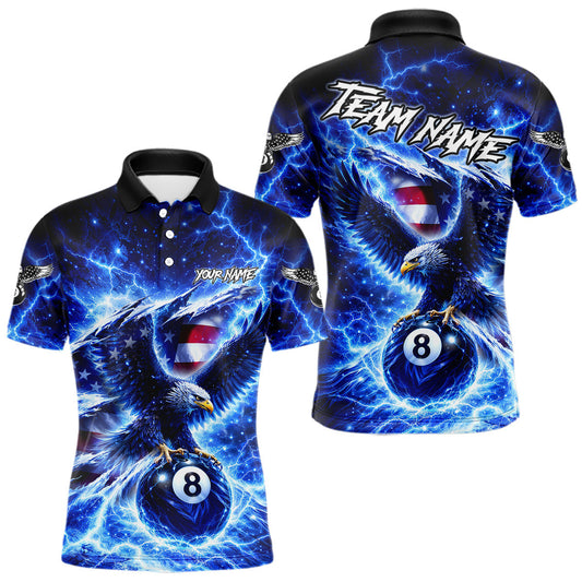 Maxcorners Torn US Flag Thunder Eagle Pool 8 Ball Men Billiard Shirt Custom Patriotic Billiard Apparel|Blue LM0402