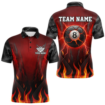 Maxcorners Personalized 8 Ball Red Flames Pool Billiard Polo & 1/4 Zip For Men Custom Camo Billiard Team Jerseys LM0404
