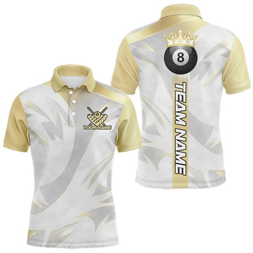 Maxcorners Personalized White And Gold Crown 8 Ball Pool Billiard Polo & 1/4 Zip For Men, Billiard Team Attire LM0404