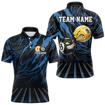 Maxcorners Funny 8 Ball & 9 Ball Billiard Polo & 1/4 Zip For Men Custom Pool Cue Pattern Billiard Jerseys |Blue LM0404