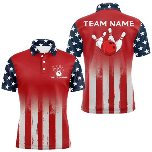 Maxcorners Custom American Flag Bowling Men Polo Quarter-Zip Shirts With Team Name
