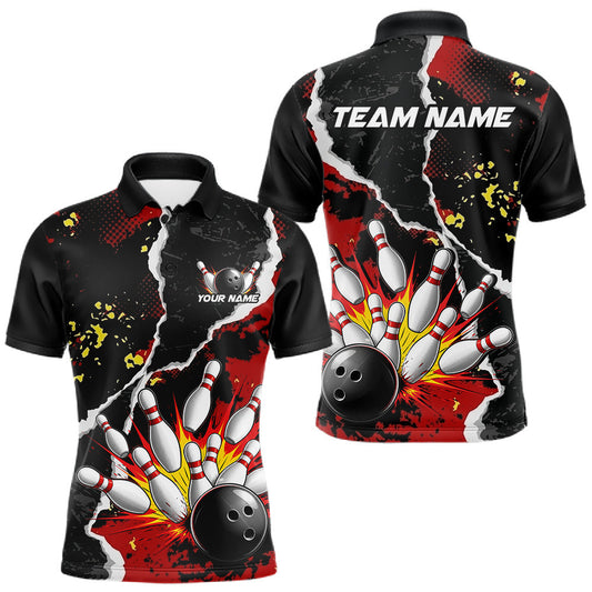Maxcorners Grunge Black & Red Strike Bowling Ball & Pins Shirts For Men