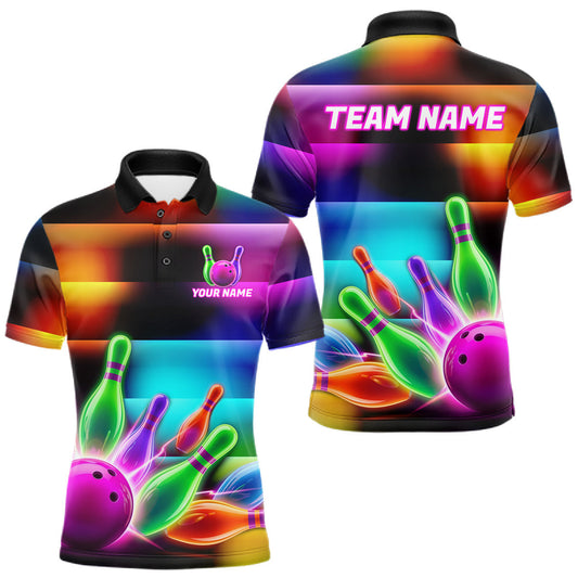 Maxcorners Mens Neon Light Bowling Team Shirts Personalized Colorful Ball & Pins Bowling Attire LM0706
