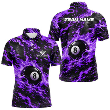 Maxcorners Fire Flame 8 Ball Pool Shirt For Men Custom Billiard League Team Polo & 1/4 Zip Jersey | Purple