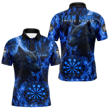 Maxcorners Custom Black Blue Flames Wolf Dartboard Dart Men Polo Shirt Outfits Dart Jerseys LM0404
