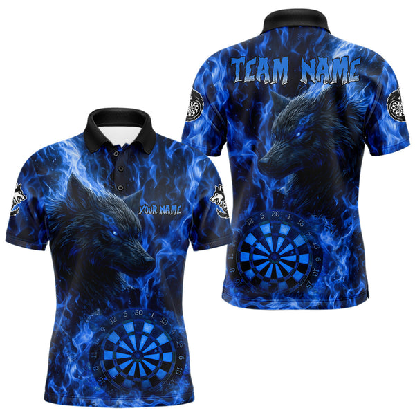 Maxcorners Custom Black Blue Flames Wolf Dartboard Dart Men Polo Shirt Outfits Dart Jerseys MT1110