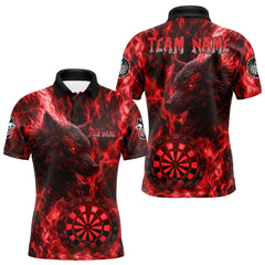 Maxcorners Custom Black Red Flames Wolf Dartboard Dart Men Polo Shirt Outfits Dart Jerseys MT1110