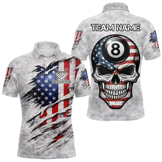 Maxcorners Personalized White Grunge American Flag Skull Pool 8 Ball Men's Billiard Team Shirt Billiard Attire