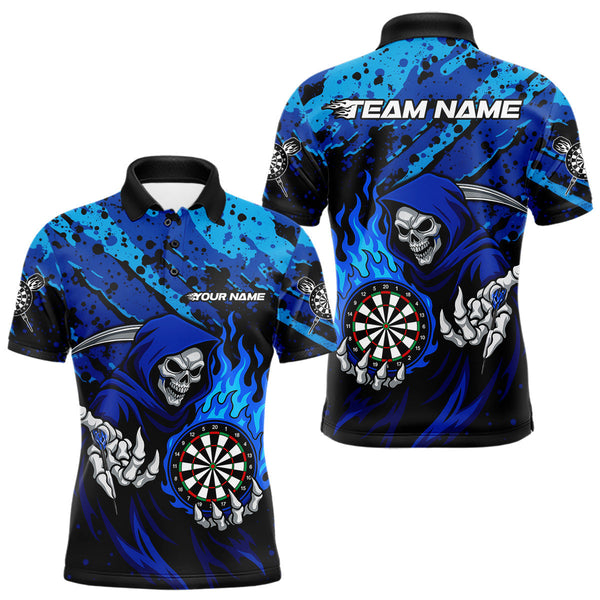 Maxcorners Custom Grim Reaper Blue Flames Dartboard Dart Men Polo Shirt Splatter Grunge Dart MT1110