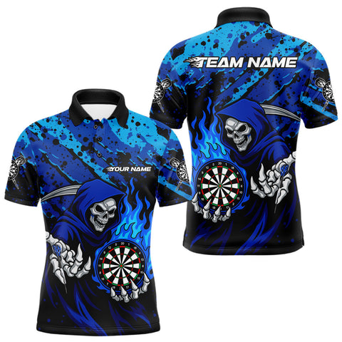 Maxcorners Custom Grim Reaper Blue Flames Dartboard Dart Men Polo Shirt Splatter Grunge Dart MT1110
