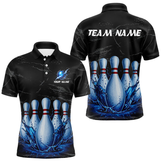 Maxcorners Blue Splatter Watering Bowling Pin Shirts For Men Custom Grunge Bowling Polo Quarter Zip Jerseys