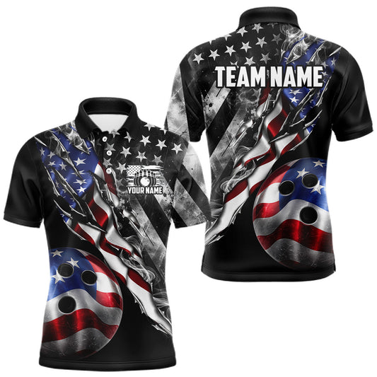 Maxcorners Personalized Smoke US Flag Bowling Polo 1/4-Zip Shirt For Men, Patriotic Bowling Team Uniforms LM1406