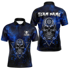 Maxcorners Custom Blue Splatter Multi-Skull Men Darts Arrow Polo League Shirts Dart Team Jerseys