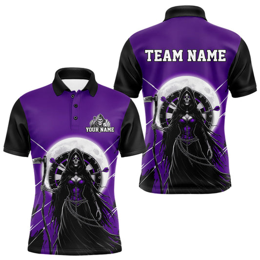 Maxcorners Black And Purple Grim Reaper Moon Dartboard Custom Men Darts Polo Shirt Gothic Dart Jerseys LM2011